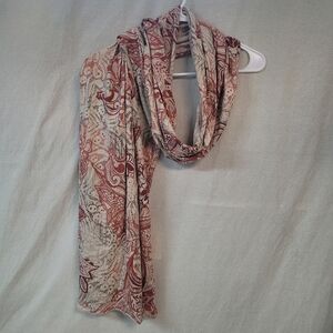 Floral Paisley Patterned Scarf - Red and Cream, Cotton Knit Flowy Preppy